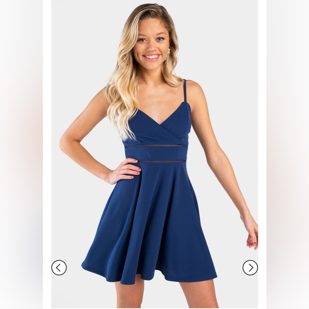 NWT Trixxi Fit and Flare Faran Ladder Trim Skater Dress in Navy‎ Blue Size Large